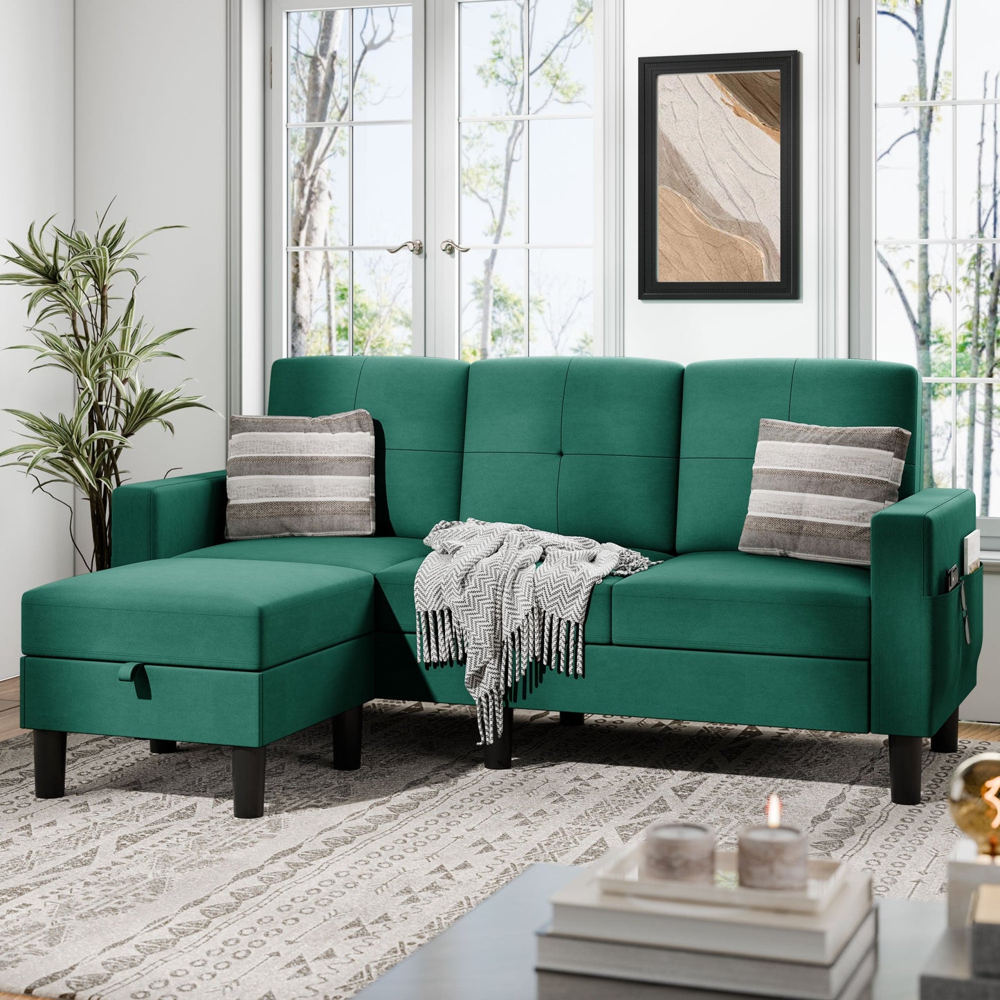 sobaniilowholesale 3-Seat L Shaped Modern Sectional Sofa with Storage Ottoman and Side Pockets #color_green