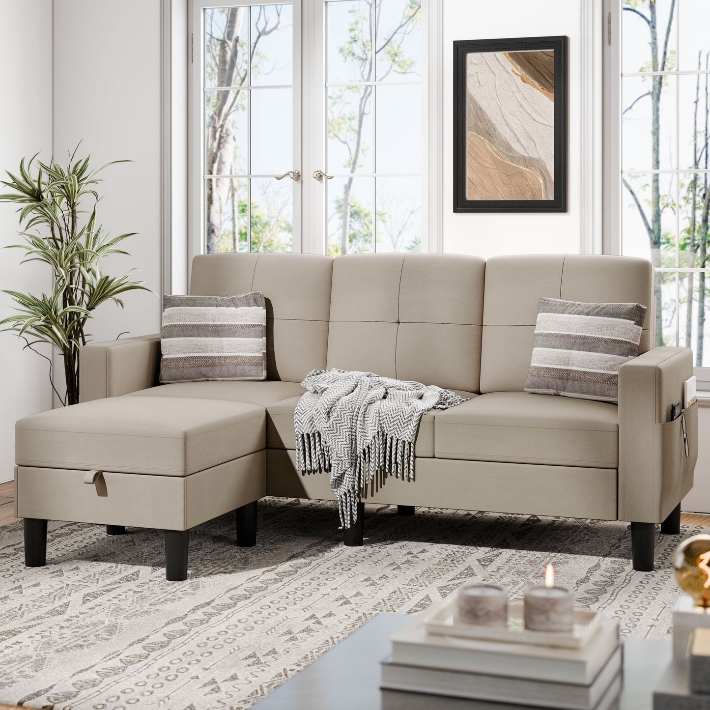 sobaniilowholesale 3-Seat L Shaped Modern Sectional Sofa with Storage Ottoman and Side Pockets #color_cream