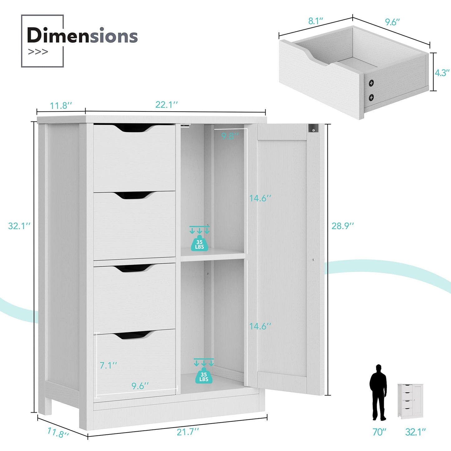 sobaniilowholesale Bathroom Floor Storage Cabinet  with 4 Drawers and 1 Cupboard