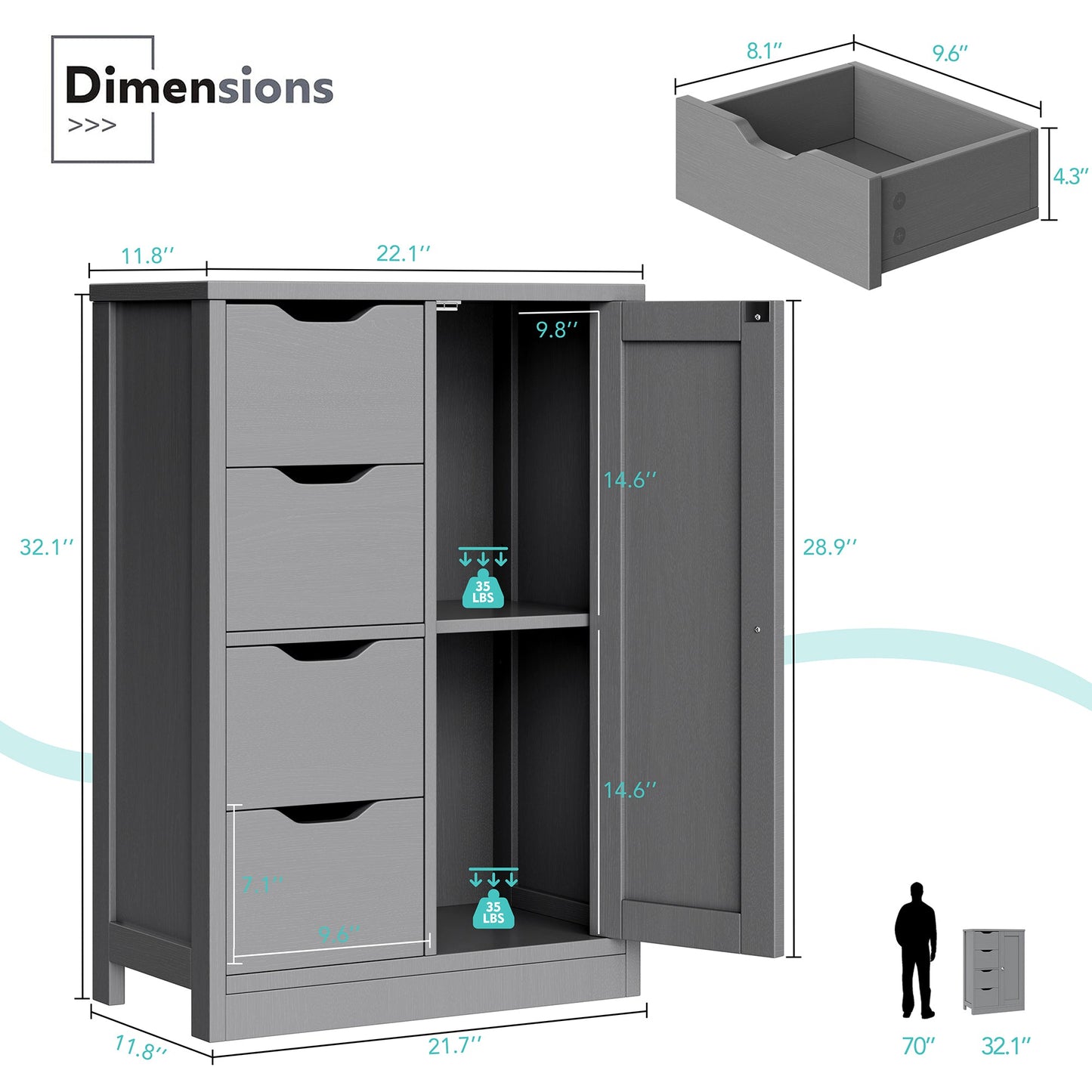 sobaniilowholesale Bathroom Floor Storage Cabinet  with 4 Drawers and 1 Cupboard