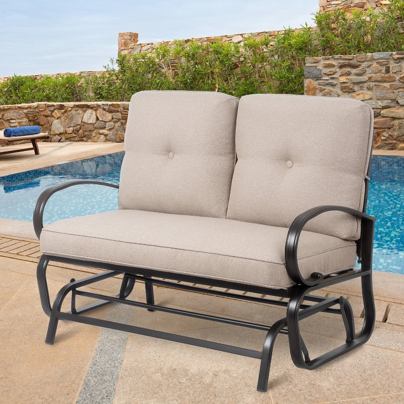 sobaniilowholesale 2-Seat Outdoor Rocking Loveseat With Fabric Cushions##color_beige