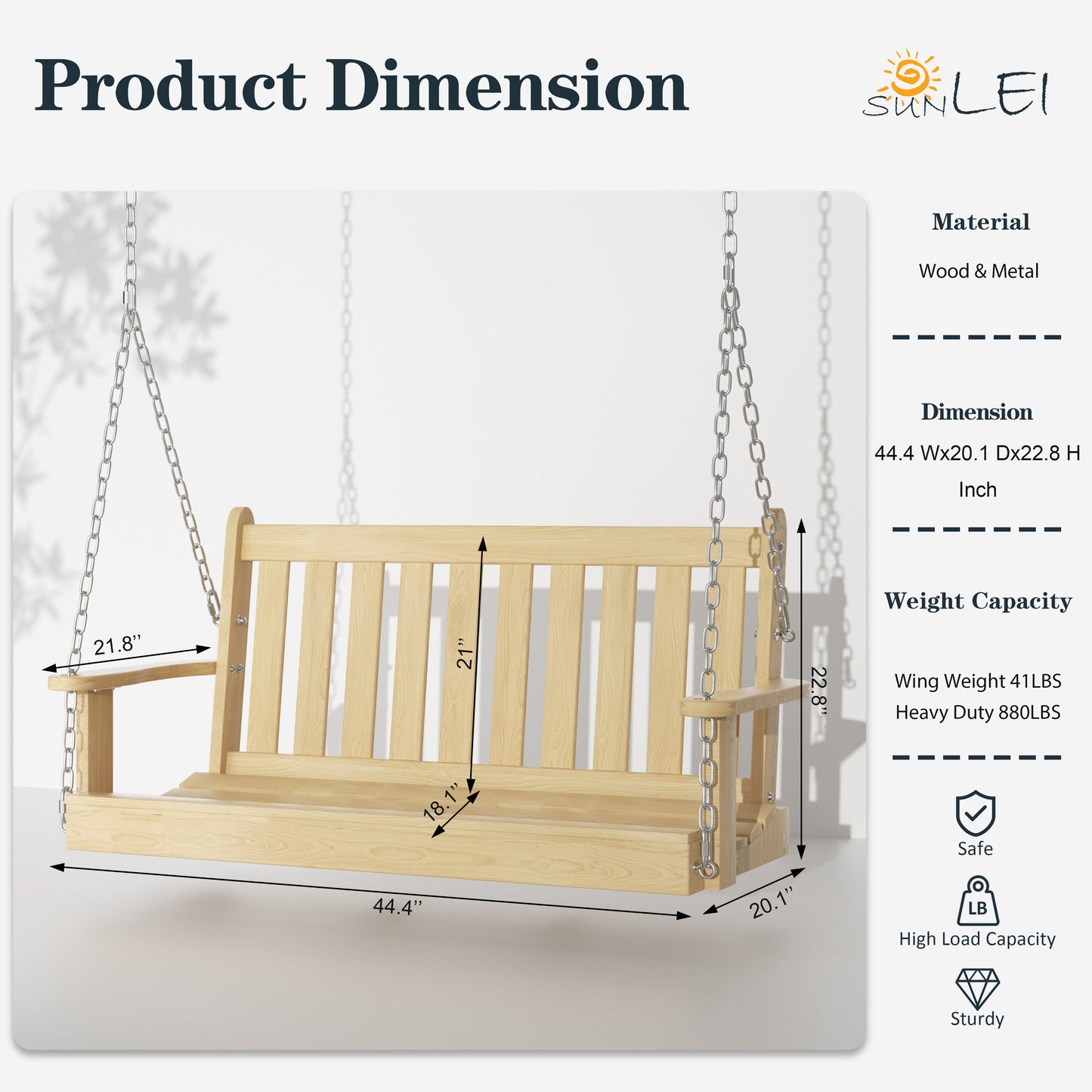 sobaniilowholesale Wooden Hanging Swing Chair Natural Wood 2-Seated Bench Swing with Hanging Chains and Cozy Armrests Patio Porch Swing