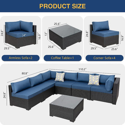 sobaniilowholesale Patio Furniture 7 Pieces Outdoor Sectional Sofa Set, Black Wicker#color_aegean-blue (7047144276144)