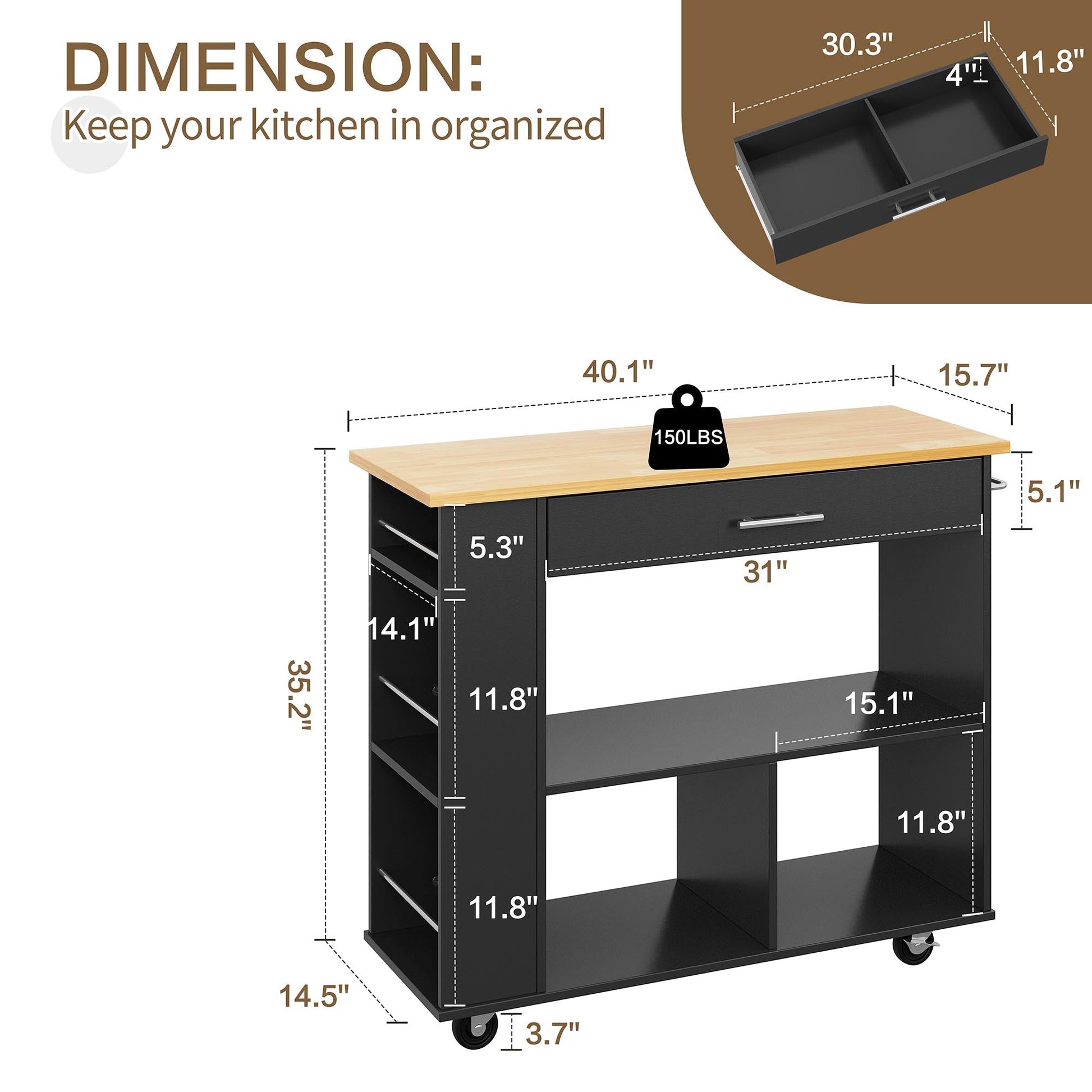 sobaniilowholesale Kitchen Island on Wheels with Storage Cabinet, Rolling Cart Kitchen Storage Organizer with/3 Side Spice Rack, 2 Tier Open Shelf for Kitchen (7404396511408)