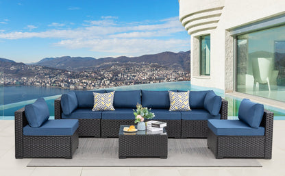 sobaniilowholesale Patio Furniture 7 Pieces Outdoor Sectional Sofa Set, Black Wicker#color_aegean-blue (7047144276144)