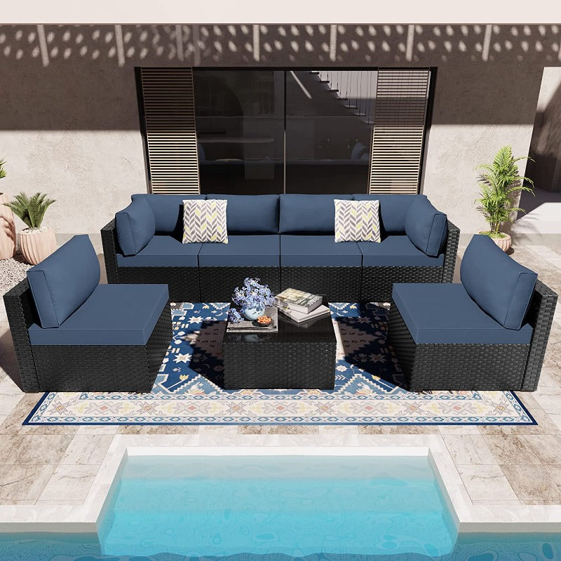 sobaniilowholesale Patio Furniture 7 Pieces Outdoor Sectional Sofa Set, Black Wicker#color_aegean-blue (7047144276144)