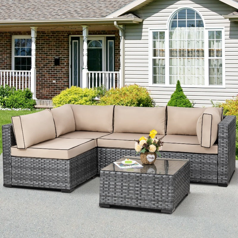 sobaniilowholesale Patio Furniture 5 Pieces Outdoor Sectional Sofa Set, Silver Wicker#color_khaki