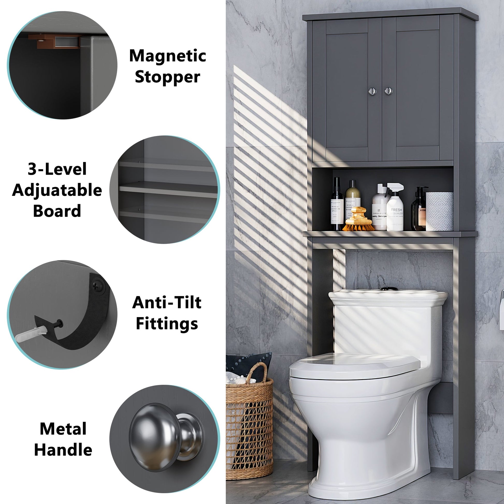 sobaniilowholesale Over The Toilet Storage Cabinet A, Bathroom Shelf Organizer with Anti-Tip Device Small Freestanding Space Saver with Adjustable Shelf #color_grey