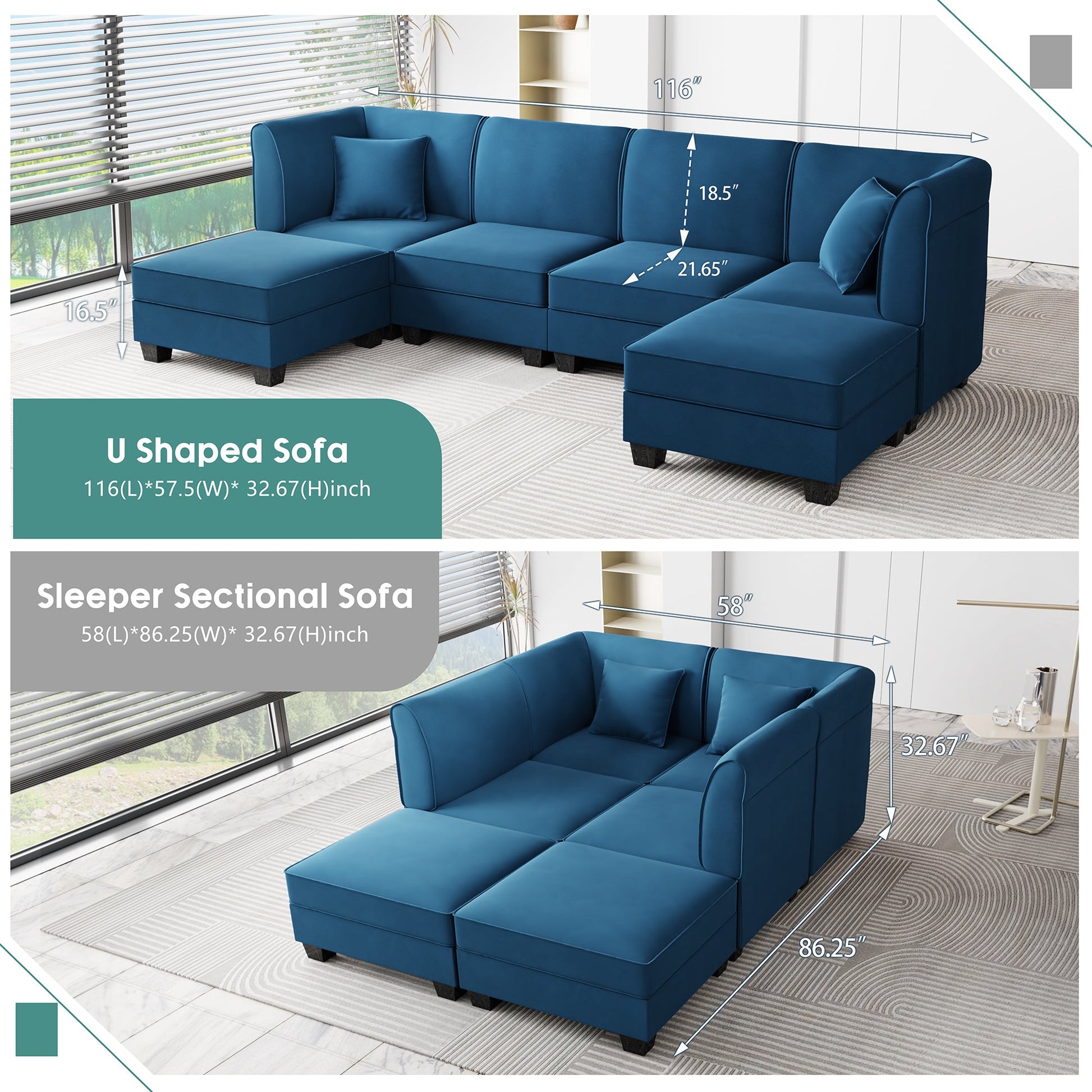 sobaniilowholesale  U-Shape Convertible Sectional Sofa Couch with 6 Seats
#color_blue