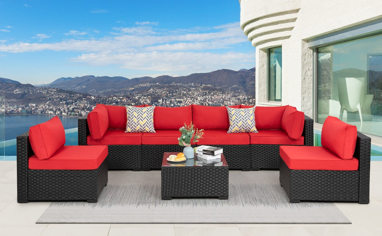 sobaniilowholesale Patio Furniture 7 Pieces Outdoor Sectional Sofa Set, Black Wicker#color_red (7047144276144)