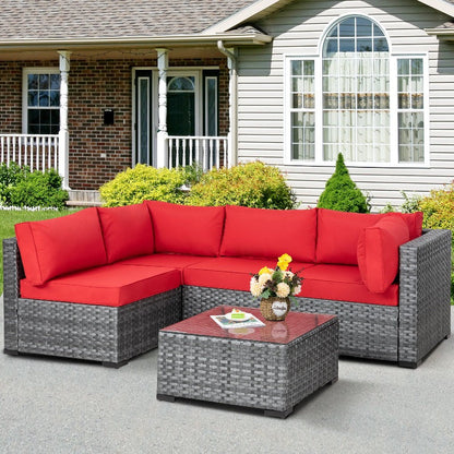 sobaniilowholesale Patio Furniture 5 Pieces Outdoor Sectional Sofa Set, Silver Wicker#color_red