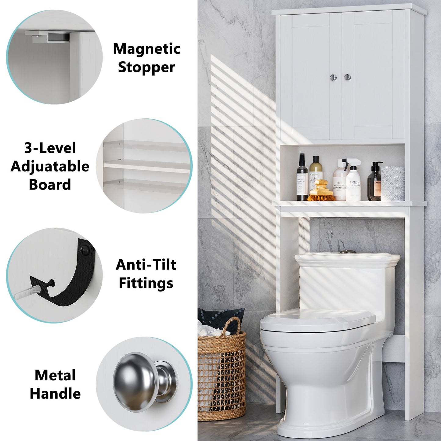 sobaniilowholesale Over The Toilet Storage Cabinet A, Bathroom Shelf Organizer with Anti-Tip Device Small Freestanding Space Saver with Adjustable Shelf #color_white