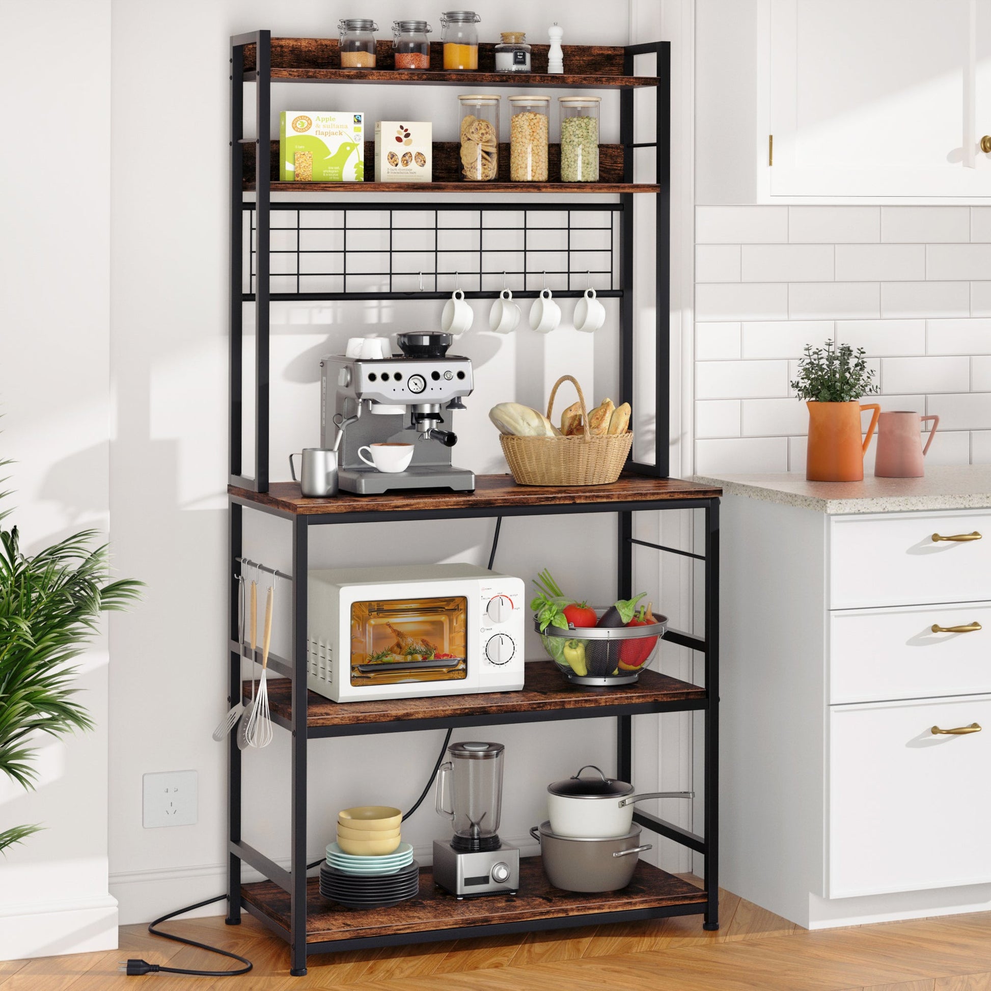 WALSUNY Kitchen Bakers Rack with Power Outlet  Coffee Bar Table 3Tiers