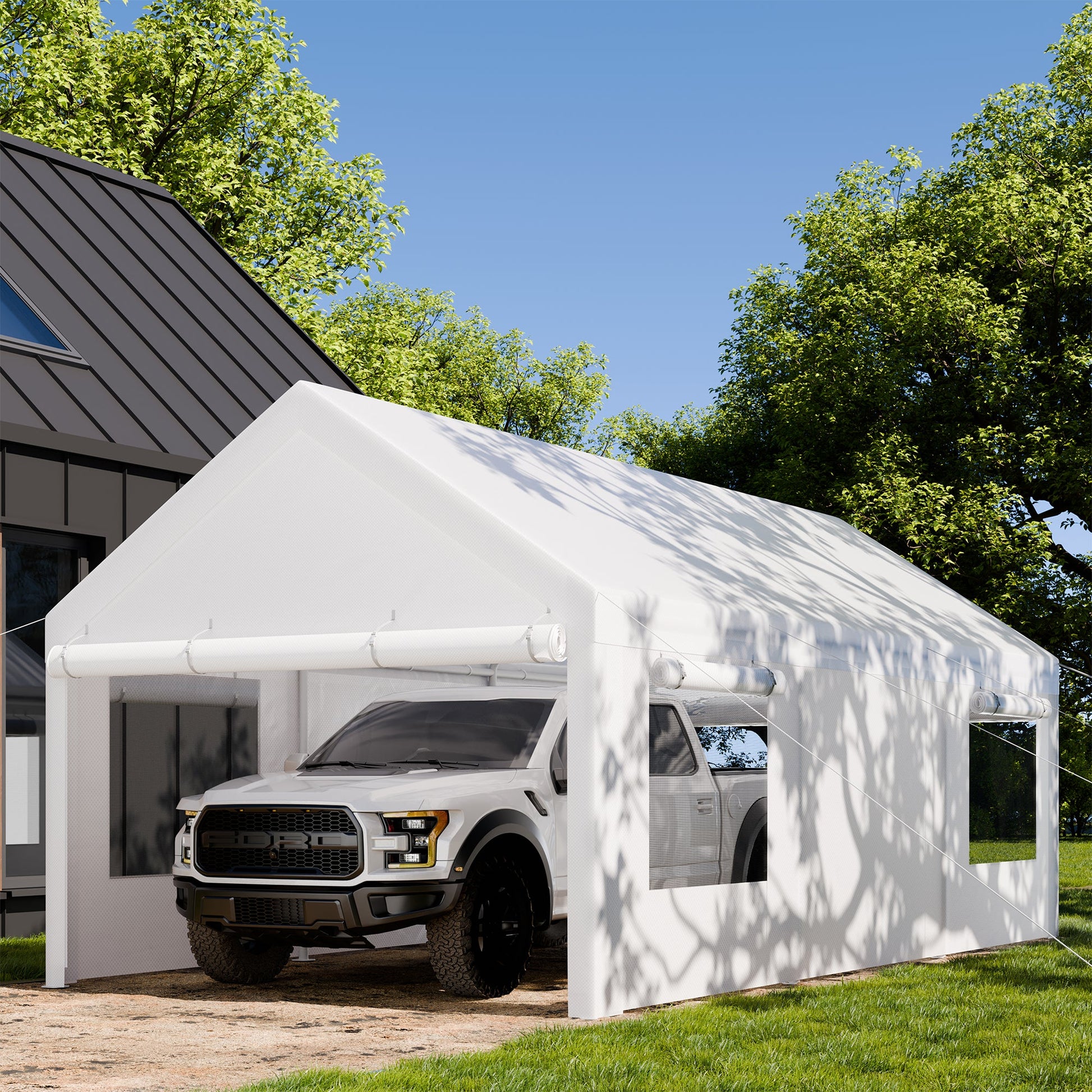 sobaniilowholesale Carport, 10x20 ft Heavy Duty Carport Canopy with Roll-up Windows, Portable Garage with Removable Sidewalls & Doors (7404387467440)