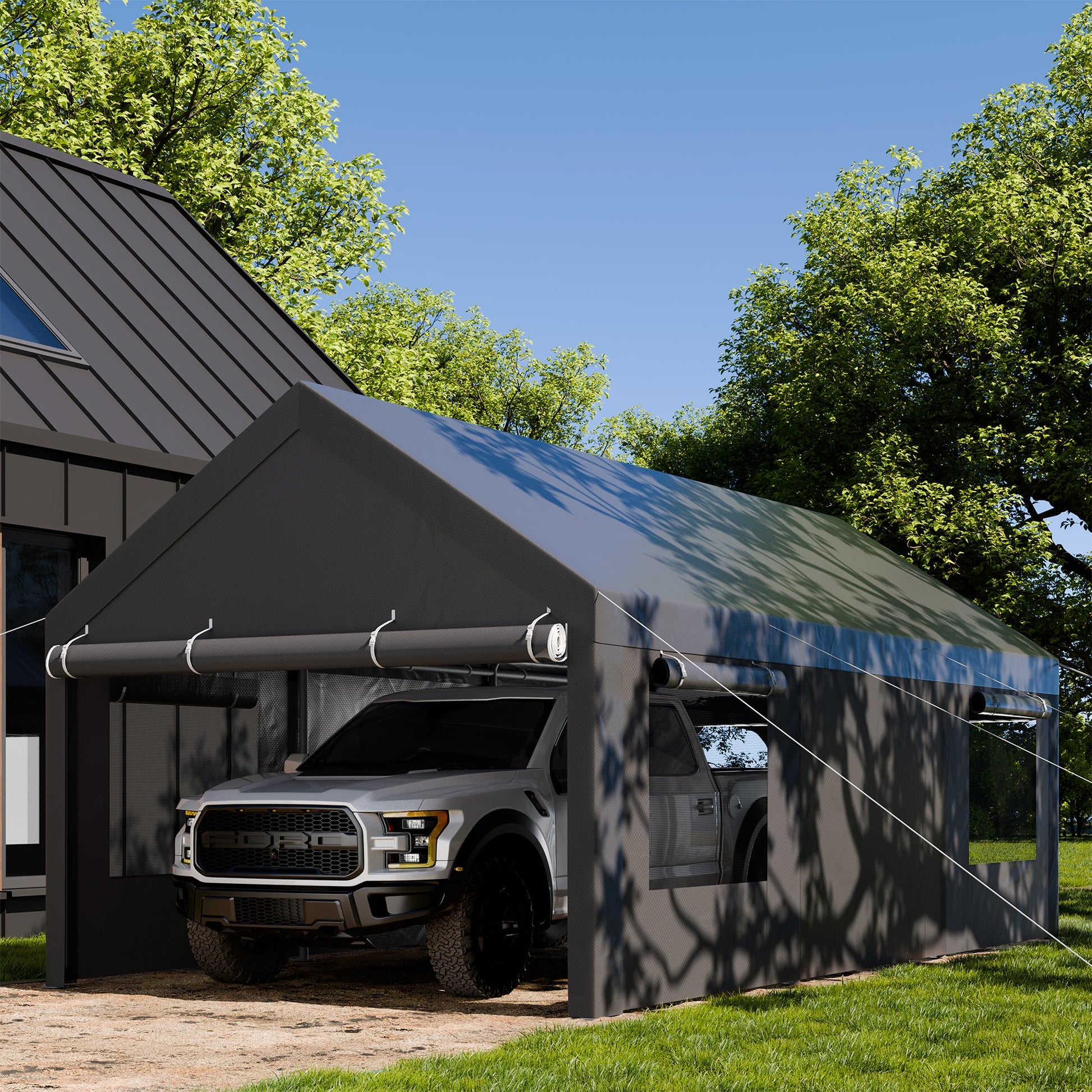 sobaniilowholesale Carport, 10x20 ft Heavy Duty Carport Canopy with Roll-up Windows, Portable Garage with Removable Sidewalls & Doors (7404387467440)