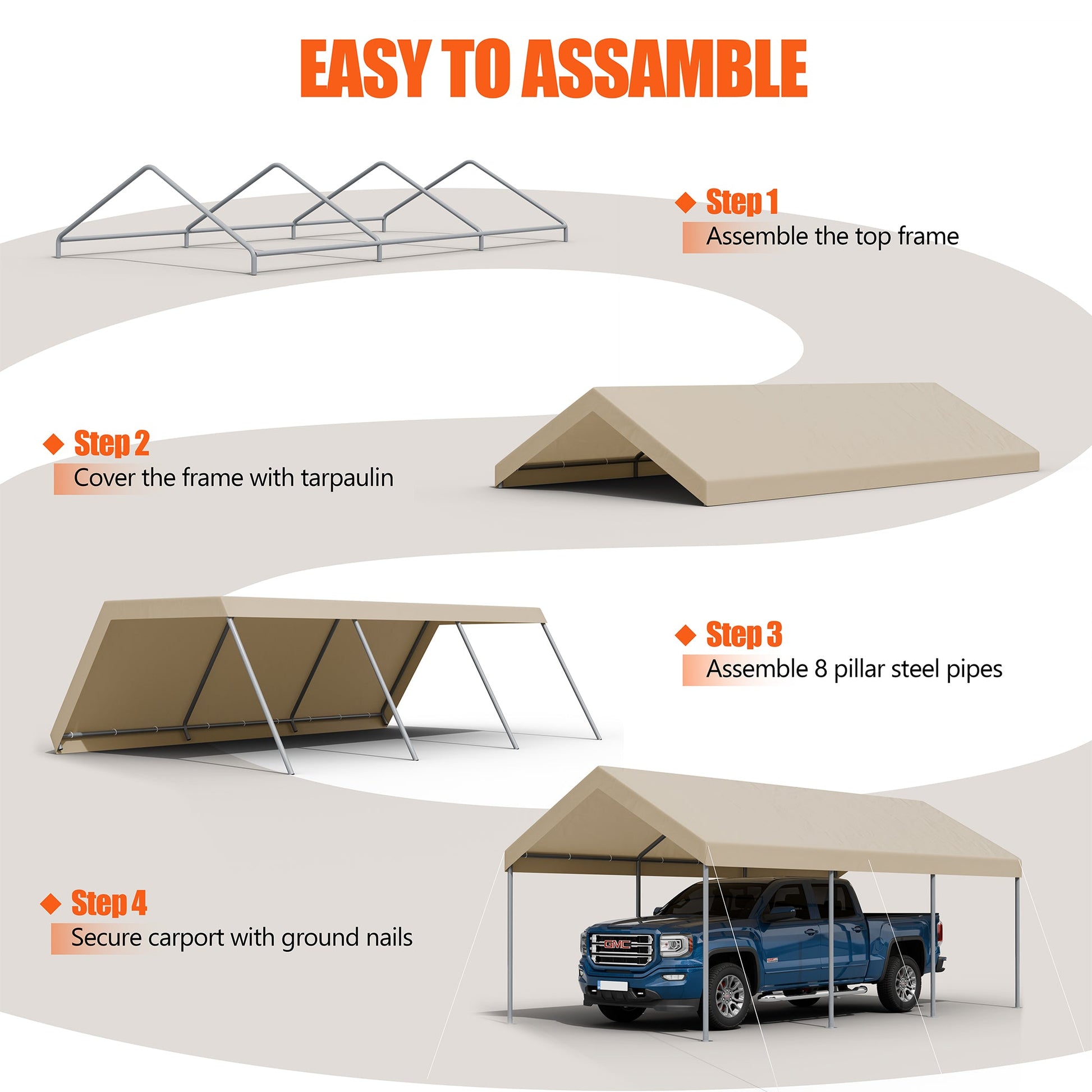 sobaniilowholesale Carport 10 x 20 ft Heavy Duty Carport Car Canopy with Powder-Coated Steel Frame,  Shelter Party Tent with 180g PE Tarp for Wedding, Garden (7404386713776)