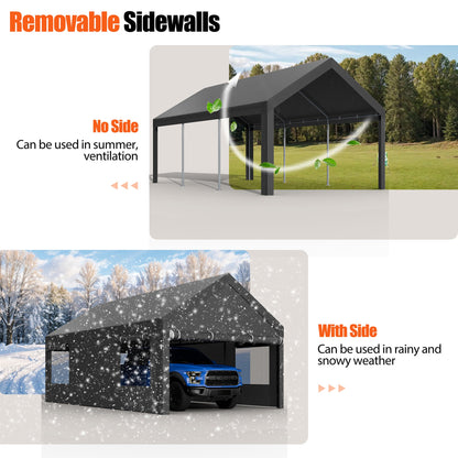 sobaniilowholesale Carport, 10x20 ft Heavy Duty Carport Canopy with Roll-up Windows, Portable Garage with Removable Sidewalls & Doors (7404387467440)