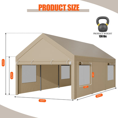 sobaniilowholesale Carport, 10x20 ft Heavy Duty Carport Canopy with Roll-up Windows, Portable Garage with Removable Sidewalls & Doors (7404387467440)