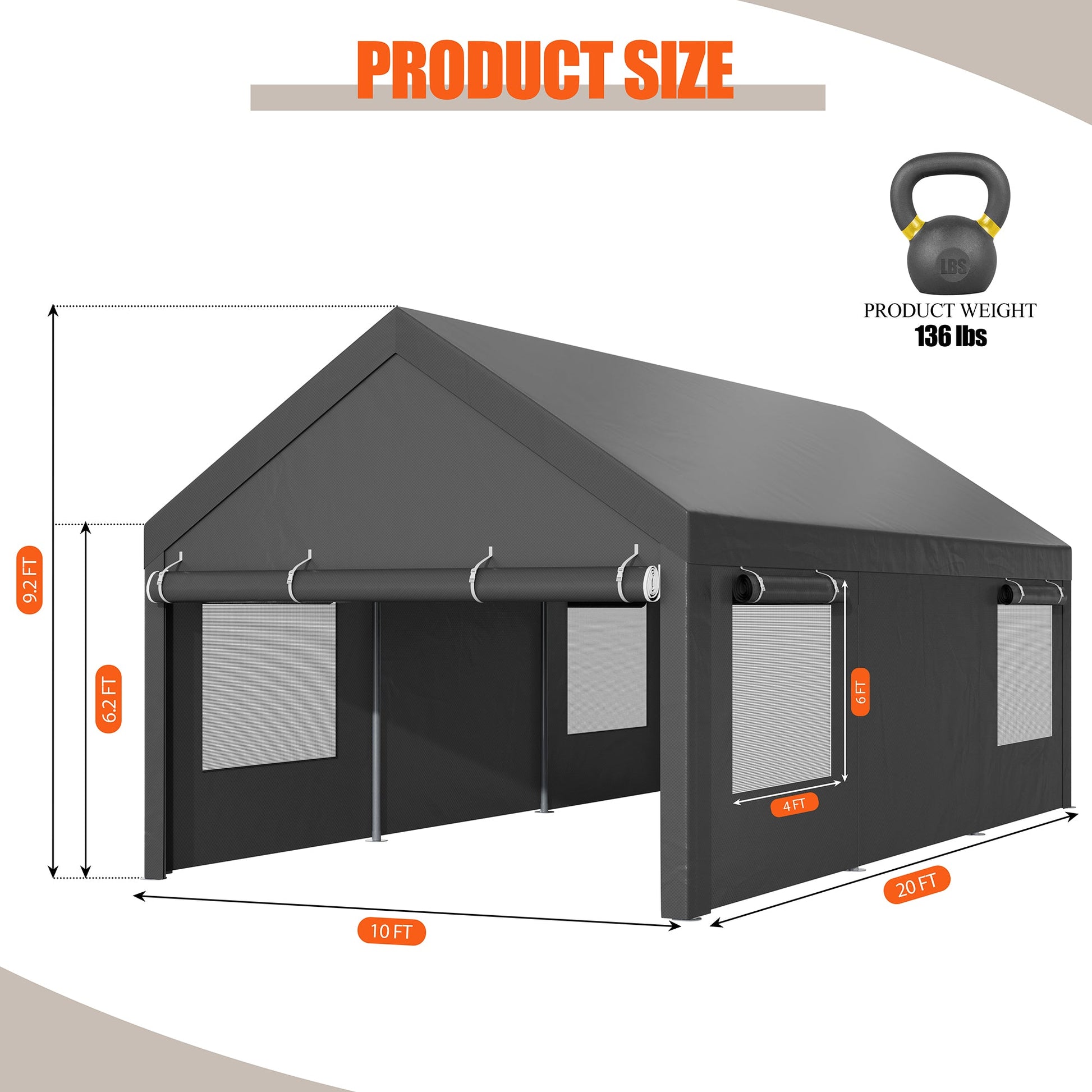 sobaniilowholesale Carport, 10x20 ft Heavy Duty Carport Canopy with Roll-up Windows, Portable Garage with Removable Sidewalls & Doors (7404387467440)