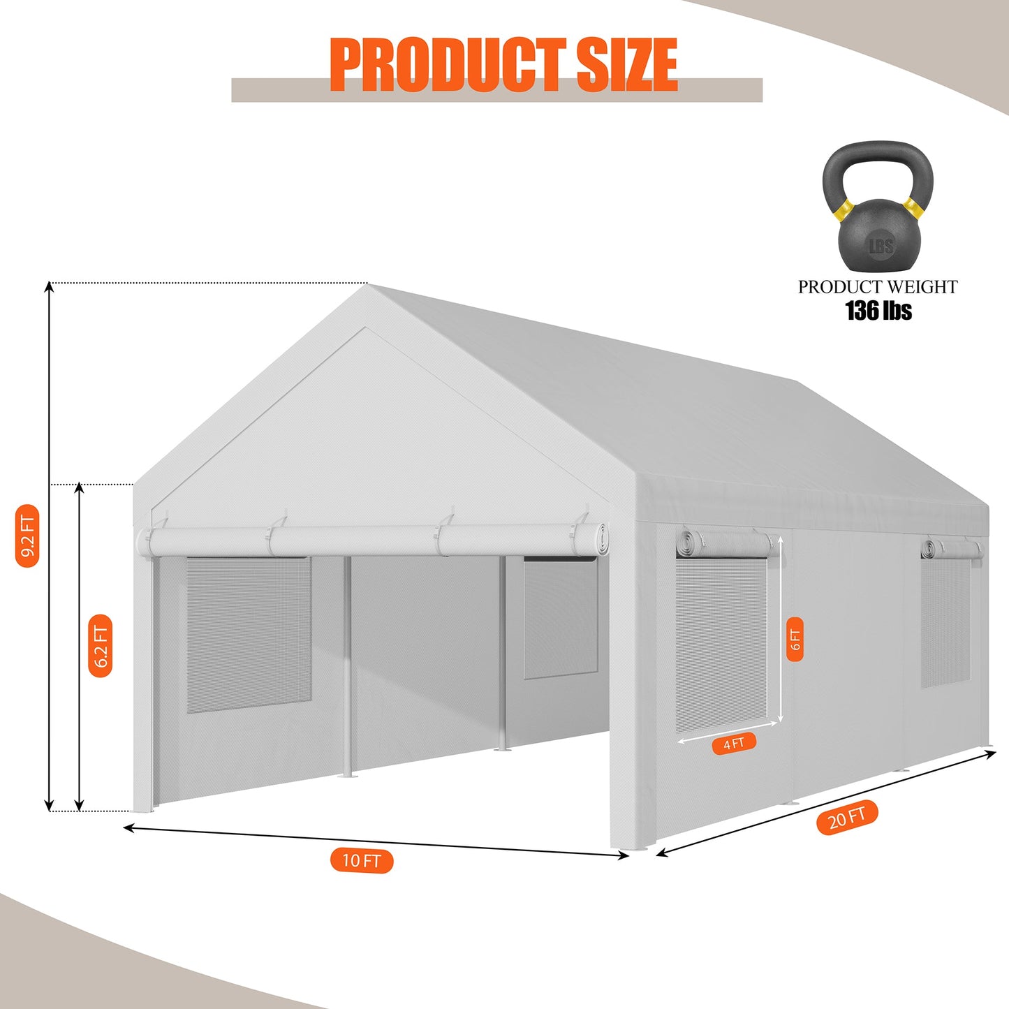 sobaniilowholesale Carport, 10x20 ft Heavy Duty Carport Canopy with Roll-up Windows, Portable Garage with Removable Sidewalls & Doors (7404387467440)