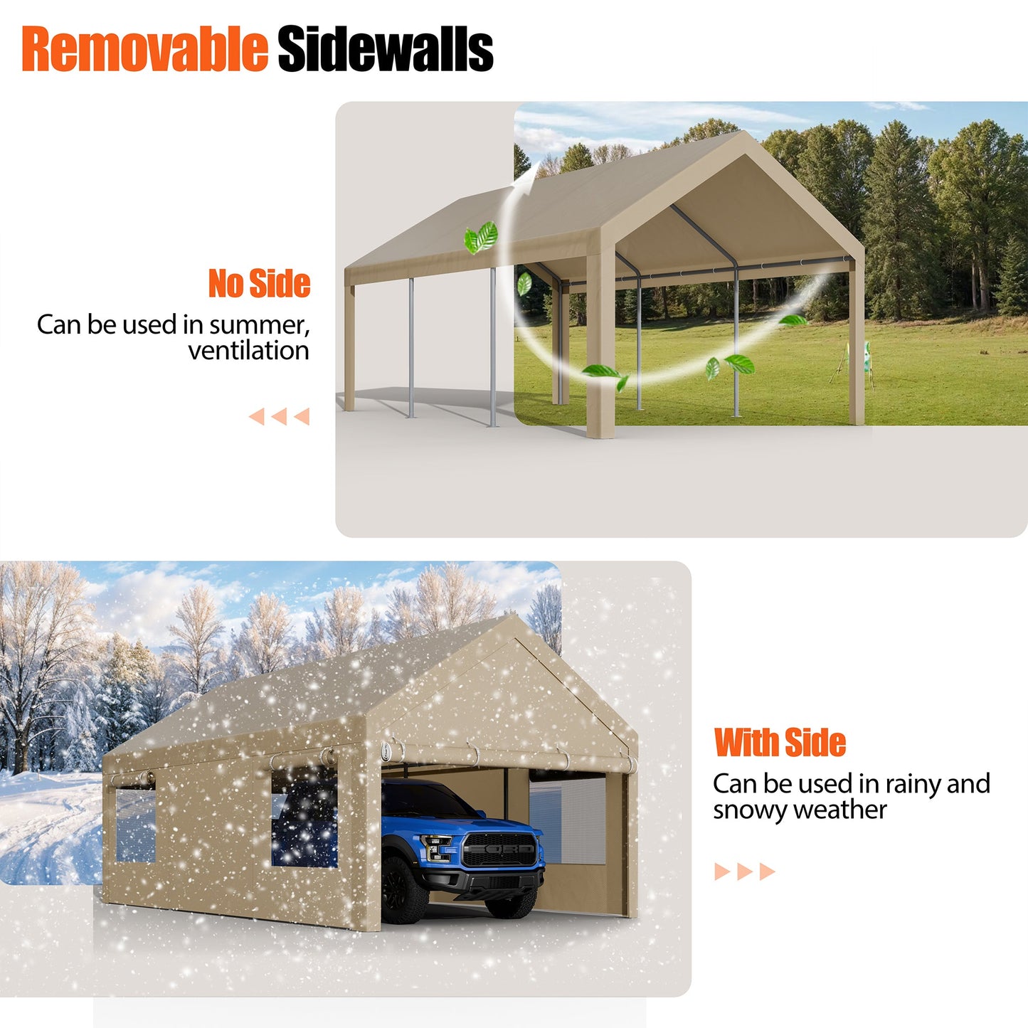 sobaniilowholesale Carport, 10x20 ft Heavy Duty Carport Canopy with Roll-up Windows, Portable Garage with Removable Sidewalls & Doors (7404387467440)