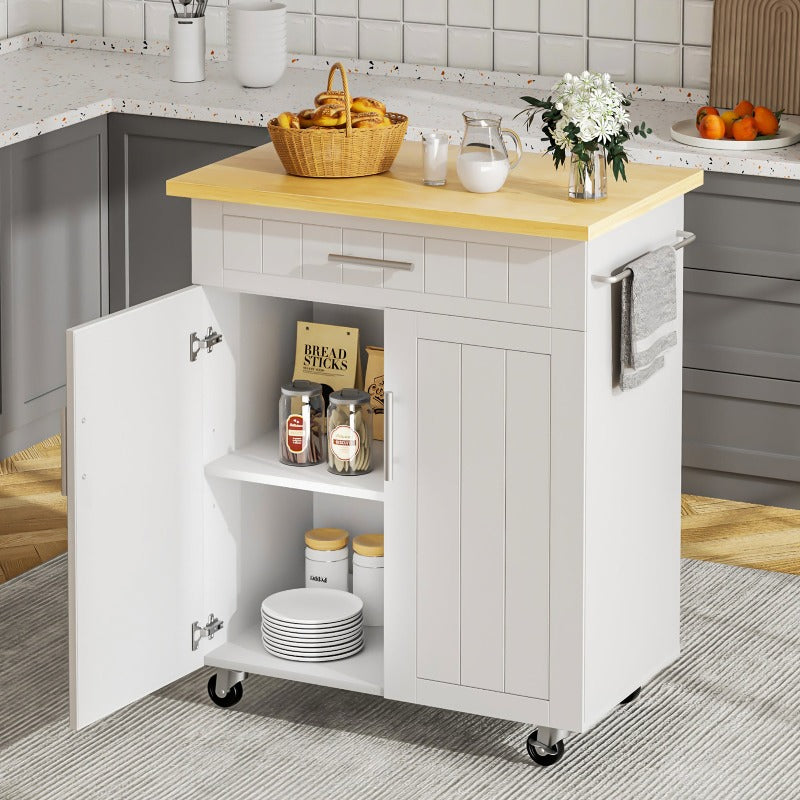 sobaniilowholesale 26 Rolling Kitchen Island with Solid Wood Top#color_white