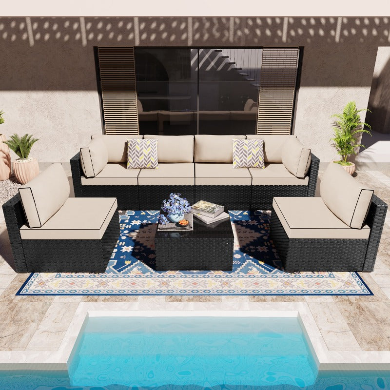 sobaniilowholesale Patio Furniture 7 Pieces Outdoor Sectional Sofa Set, Black Wicker#color_khaki (7047144276144)