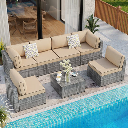 sobaniilowholesale Patio Furniture 7 Pieces Outdoor Sectional Sofa Set, Silver Wicker#color_khaki (7047155384496)