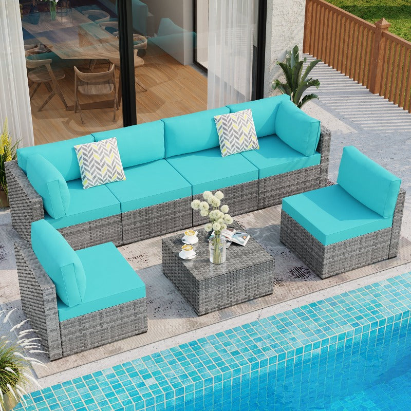 sobaniilowholesale Patio Furniture 7 Pieces Outdoor Sectional Sofa Set, Silver Wicker#color_blue (7047155384496)