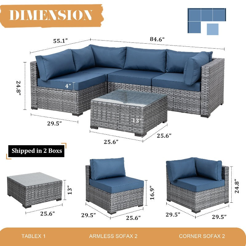 sobaniilowholesale Patio Furniture 5 Pieces Outdoor Sectional Sofa Set, Silver Wicker #color_aegean-blue