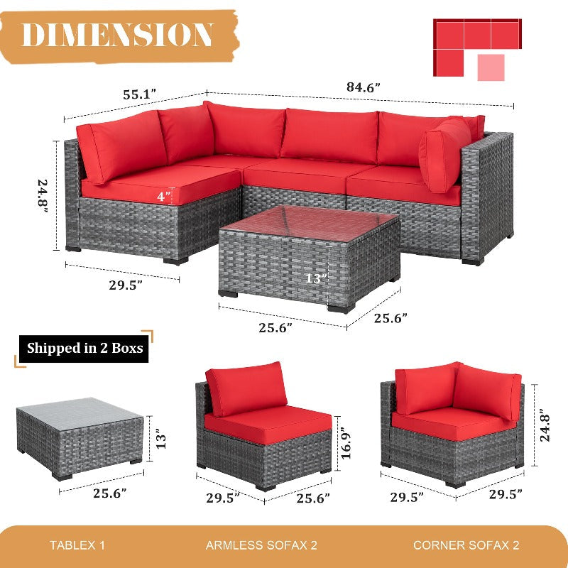 sobaniilowholesale Patio Furniture 5 Pieces Outdoor Sectional Sofa Set, Silver Wicker#color_red