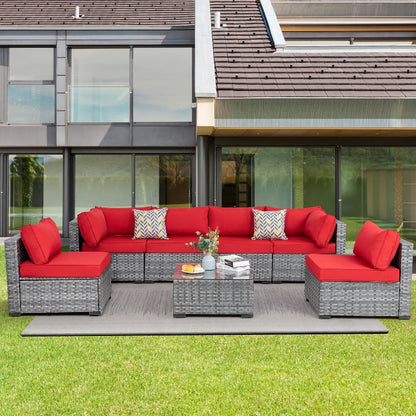 sobaniilowholesale Patio Furniture 7 Pieces Outdoor Sectional Sofa Set, Silver Wicker#color_red (7047155384496)