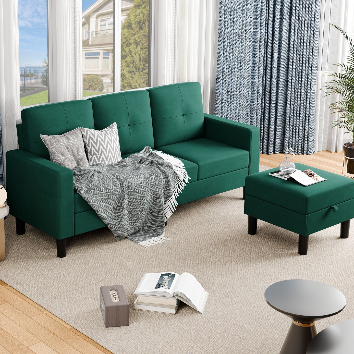 sobaniilowholesale 3-Seat L Shaped Modern Sectional Sofa with Storage Ottoman and Side Pockets #color_green