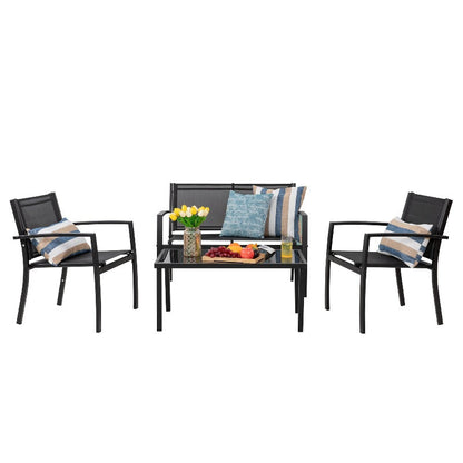 sobaniilowholesale 4 Pieces Outdoor Furniture Set, Modern Metal Textilene, Patio Loveseat & Glass Table, Black#color_black