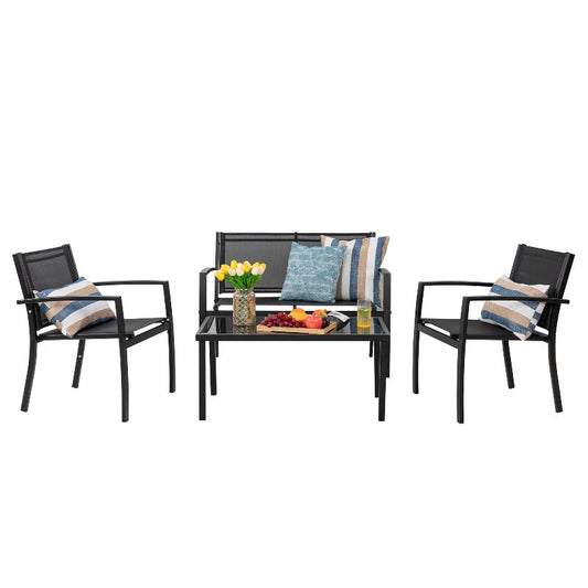 sobaniilowholesale 4 Pieces Outdoor Furniture Set, Modern Metal Textilene, Patio Loveseat & Glass Table, Black#color_black