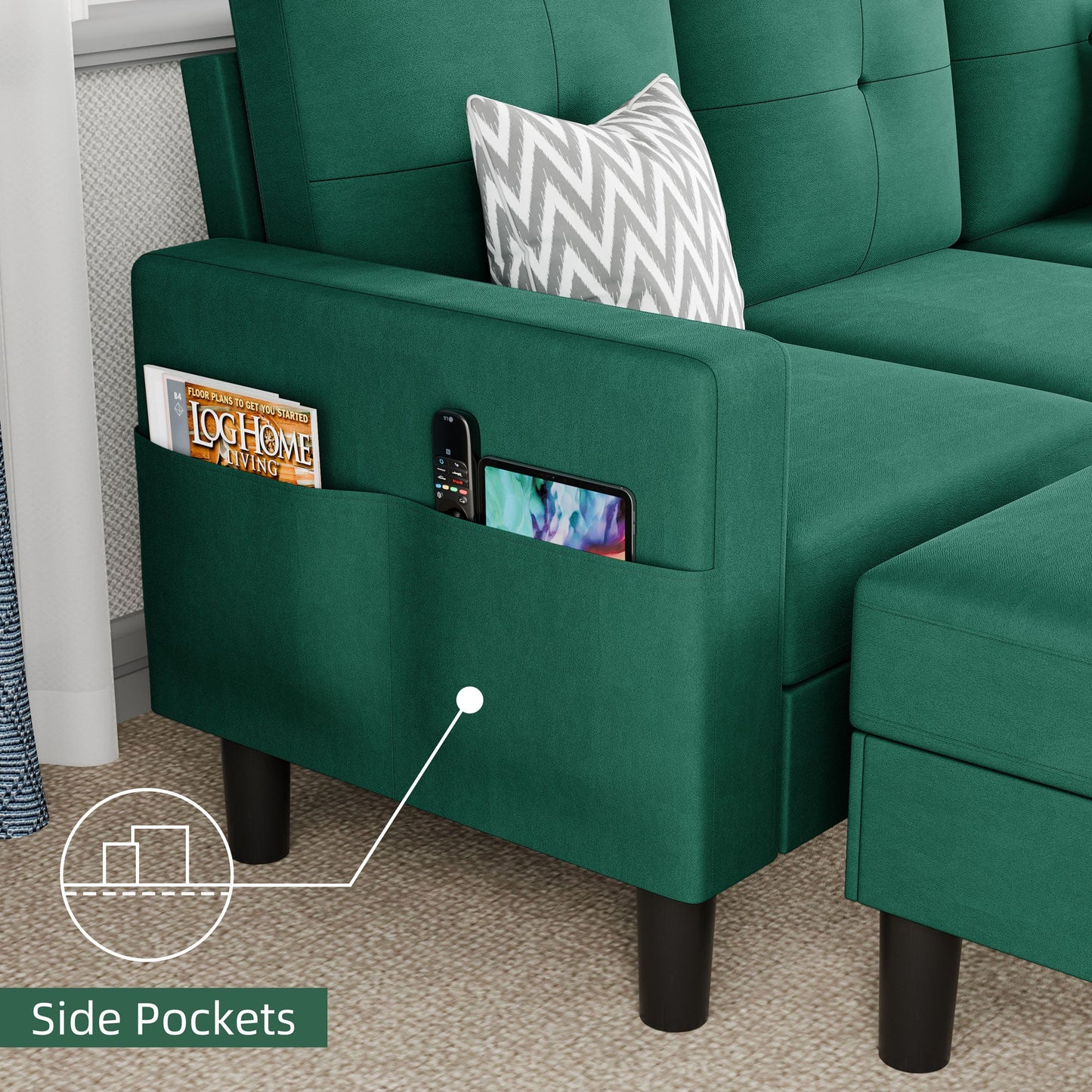 sobaniilowholesale 3-Seat L Shaped Modern Sectional Sofa with Storage Ottoman and Side Pockets #color_green