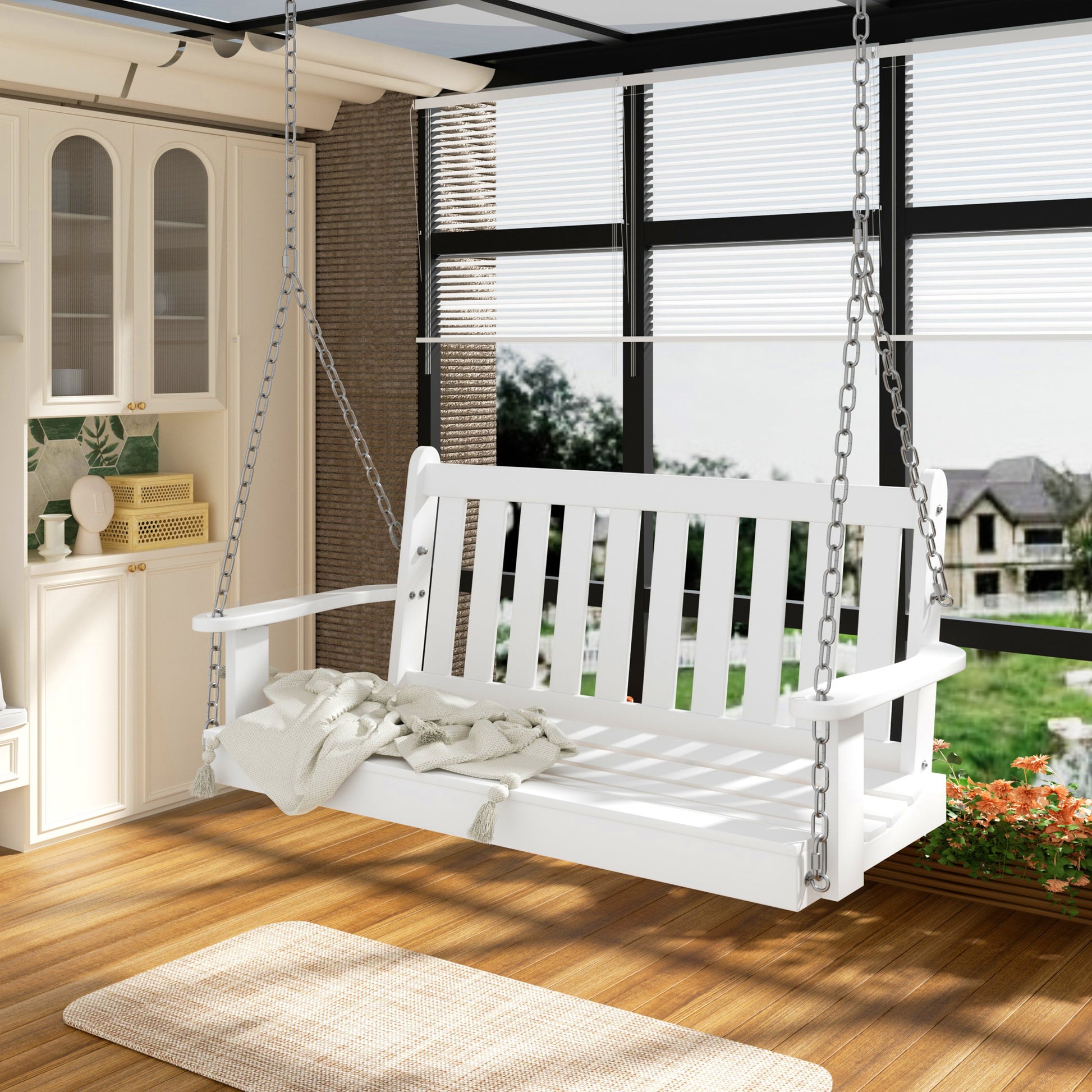 sobaniilowholesale Wooden Hanging Swing Chair Natural Wood 2-Seated Bench Swing with Hanging Chains and Cozy Armrests Patio Porch Swing