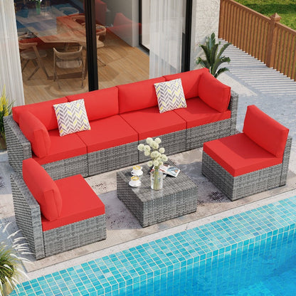 sobaniilowholesale Patio Furniture 7 Pieces Outdoor Sectional Sofa Set, Silver Wicker#color_red (7047155384496)