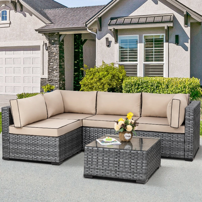 sobaniilowholesale Patio Furniture 5 Pieces Outdoor Sectional Sofa Set, Silver Wicker#color_khaki