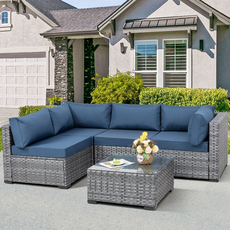 sobaniilowholesale Patio Furniture 5 Pieces Outdoor Sectional Sofa Set, Silver Wicker #color_aegean-blue