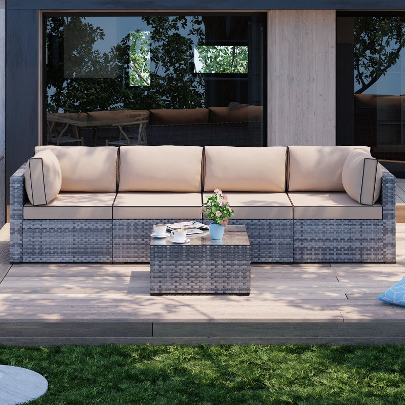 sobaniilowholesale Patio Furniture 5 Pieces Outdoor Sectional Sofa Set, Silver Wicker#color_khaki