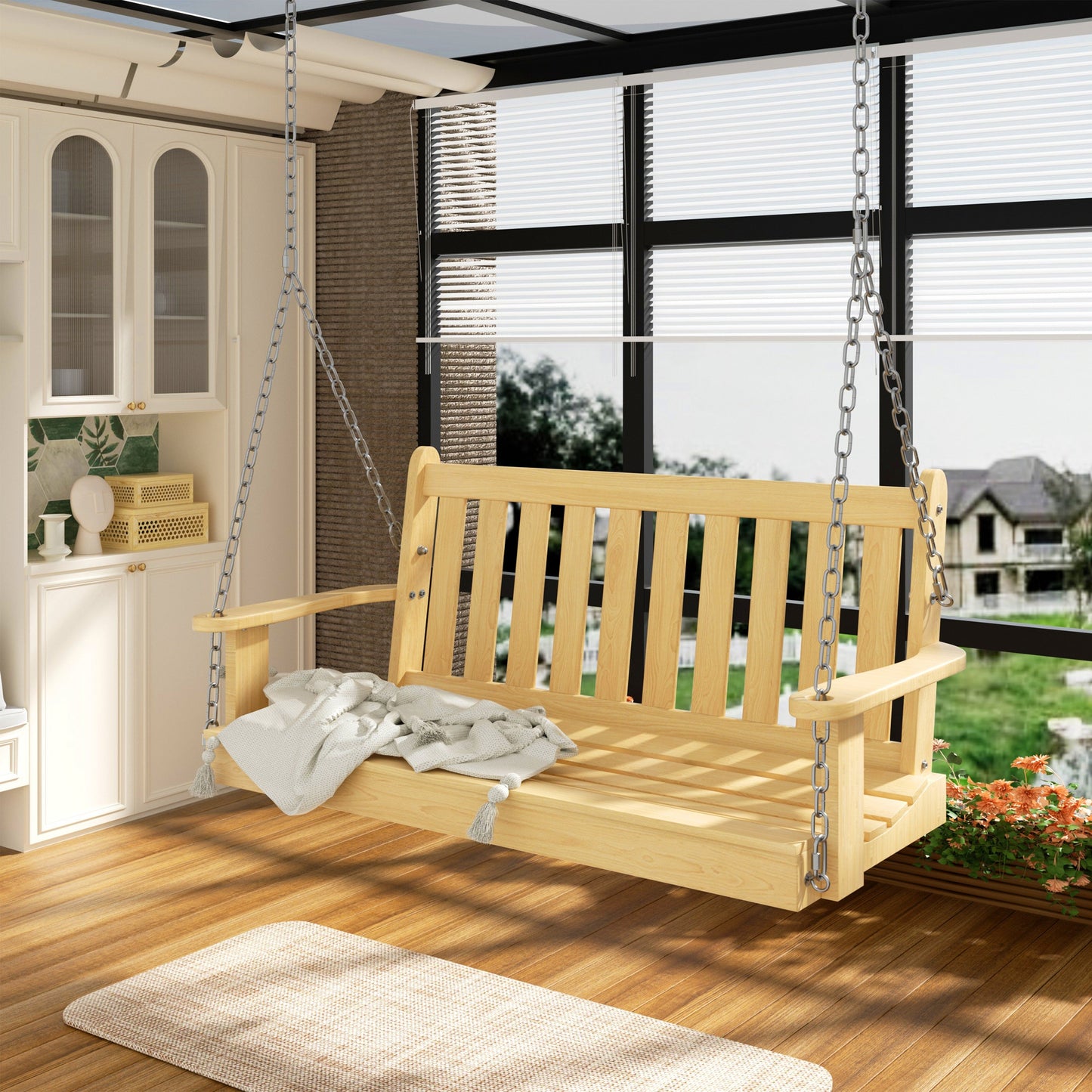 sobaniilowholesale Wooden Hanging Swing Chair Natural Wood 2-Seated Bench Swing with Hanging Chains and Cozy Armrests Patio Porch Swing