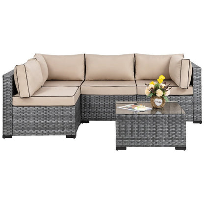 sobaniilowholesale Patio Furniture 5 Pieces Outdoor Sectional Sofa Set, Silver Wicker#color_khaki