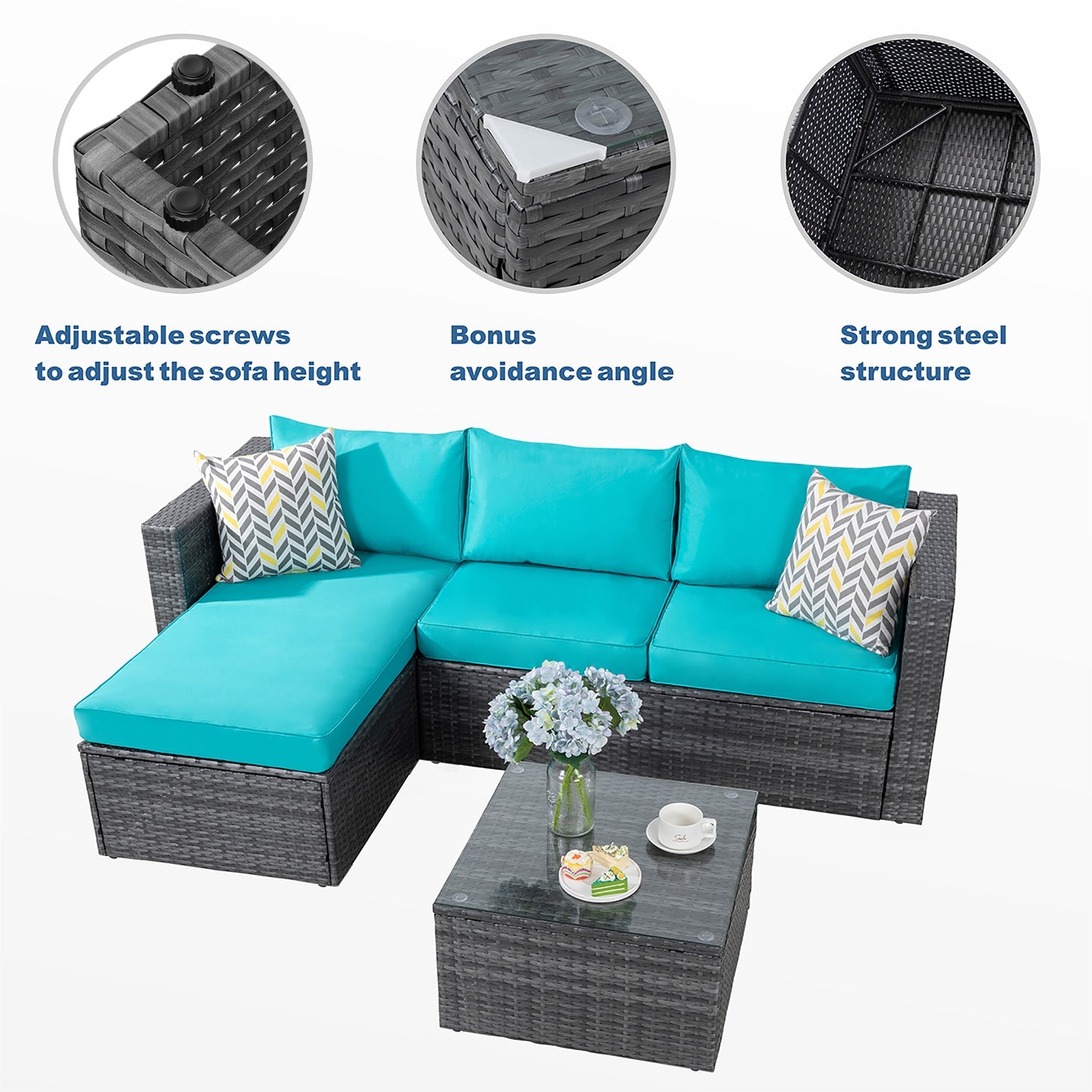 sobaniilowholesale Patio Furniture 3 Pieces Outdoor Sectional Sofa Set With Silver Wicker & Chaise