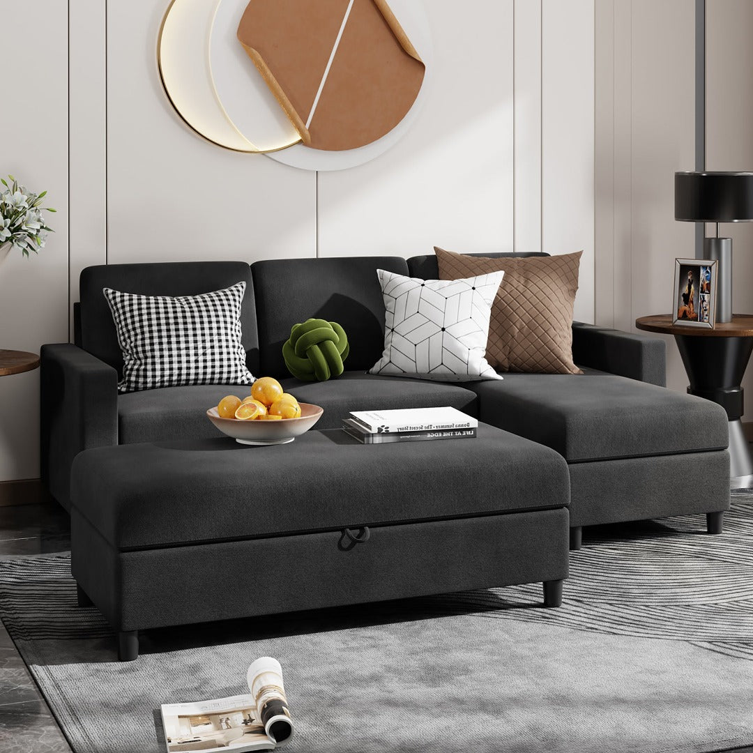 sobaniilowholesale Sectional Sofa With Long Storage Ottoman For Small Apartment#color_black (7136755155120)