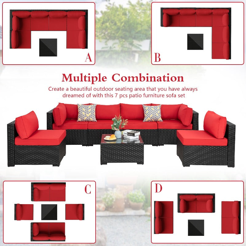 sobaniilowholesale Patio Furniture 7 Pieces Outdoor Sectional Sofa Set, Black Wicker#color_red (7047144276144)