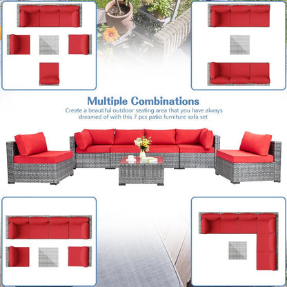 sobaniilowholesale Patio Furniture 7 Pieces Outdoor Sectional Sofa Set, Silver Wicker#color_red (7047155384496)