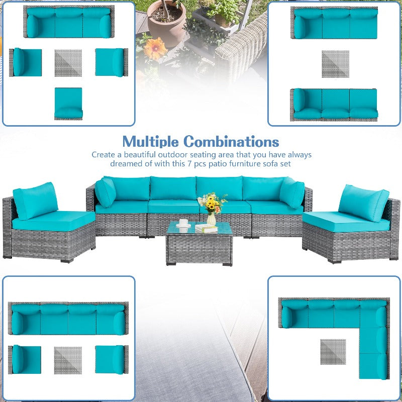 sobaniilowholesale Patio Furniture 7 Pieces Outdoor Sectional Sofa Set, Silver Wicker#color_blue (7047155384496)