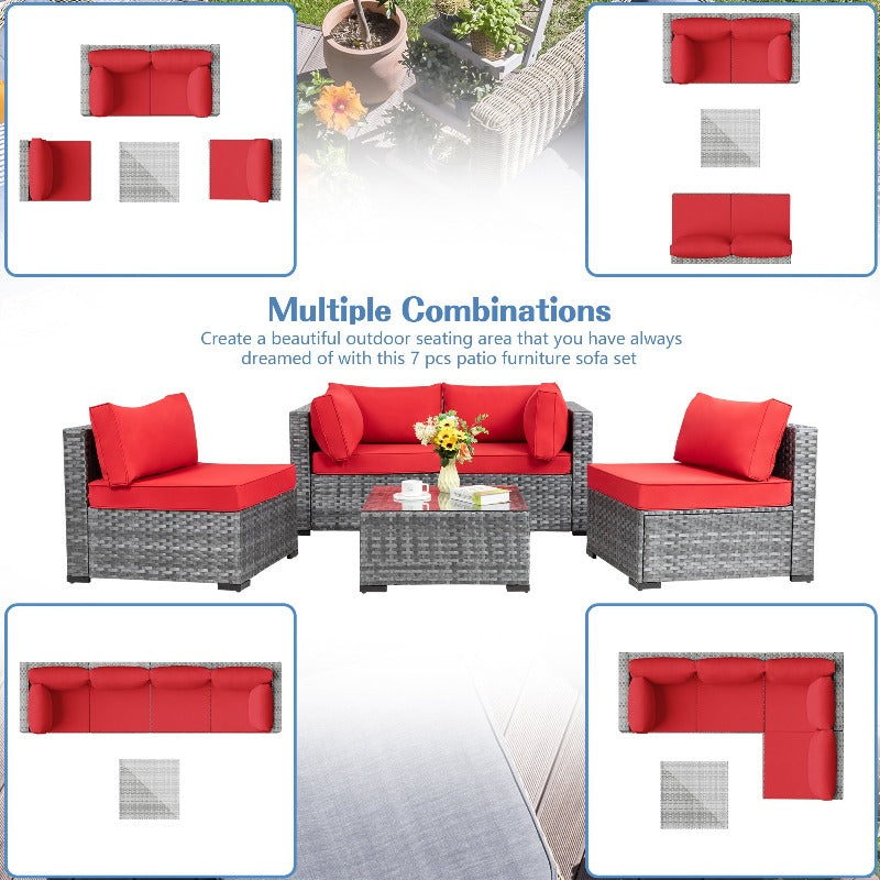 sobaniilowholesale Patio Furniture 5 Pieces Outdoor Sectional Sofa Set, Silver Wicker#color_red