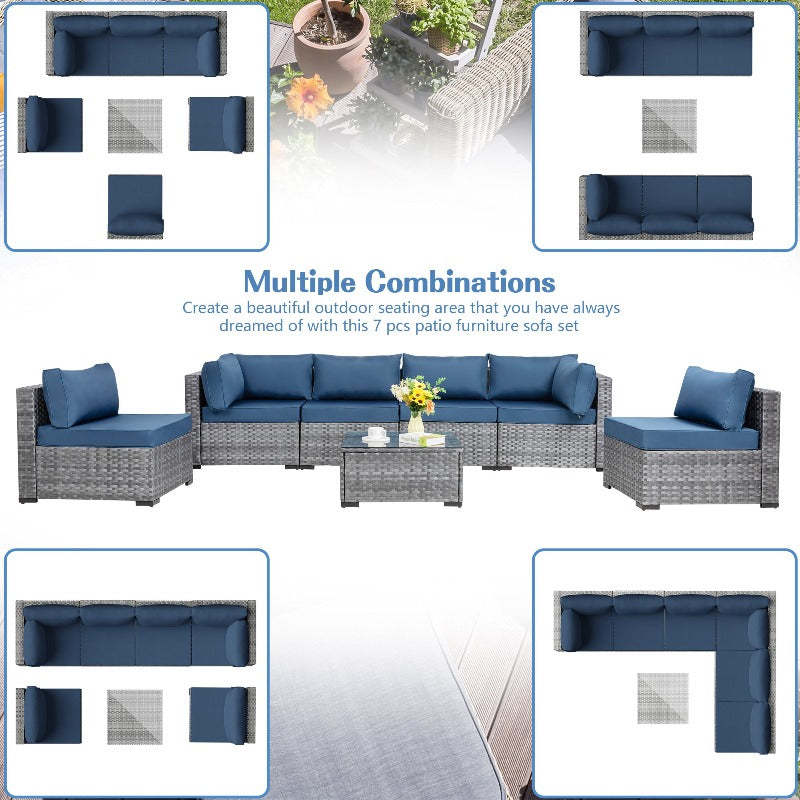 sobaniilowholesale Patio Furniture 7 Pieces Outdoor Sectional Sofa Set, Silver Wicker#color_aegean-blue (7047155384496)